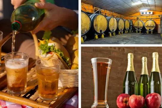 Collage of cider bottles and barrels